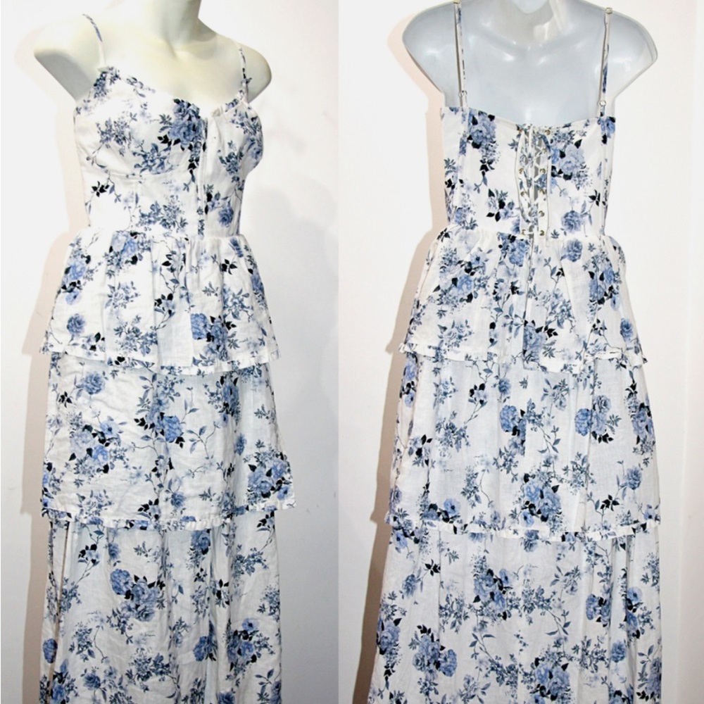 House of Harlow Blue floral print White Ruffle Layered Strap Dress M linen blend - Picture 5 of 10